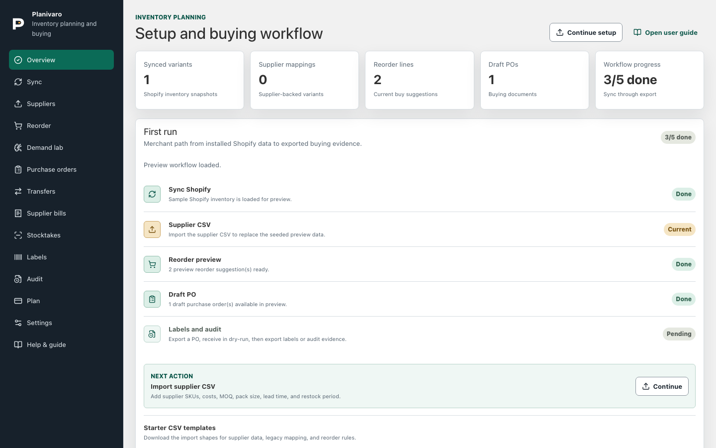 Planivaro Overview showing setup progress and the first buying workflow