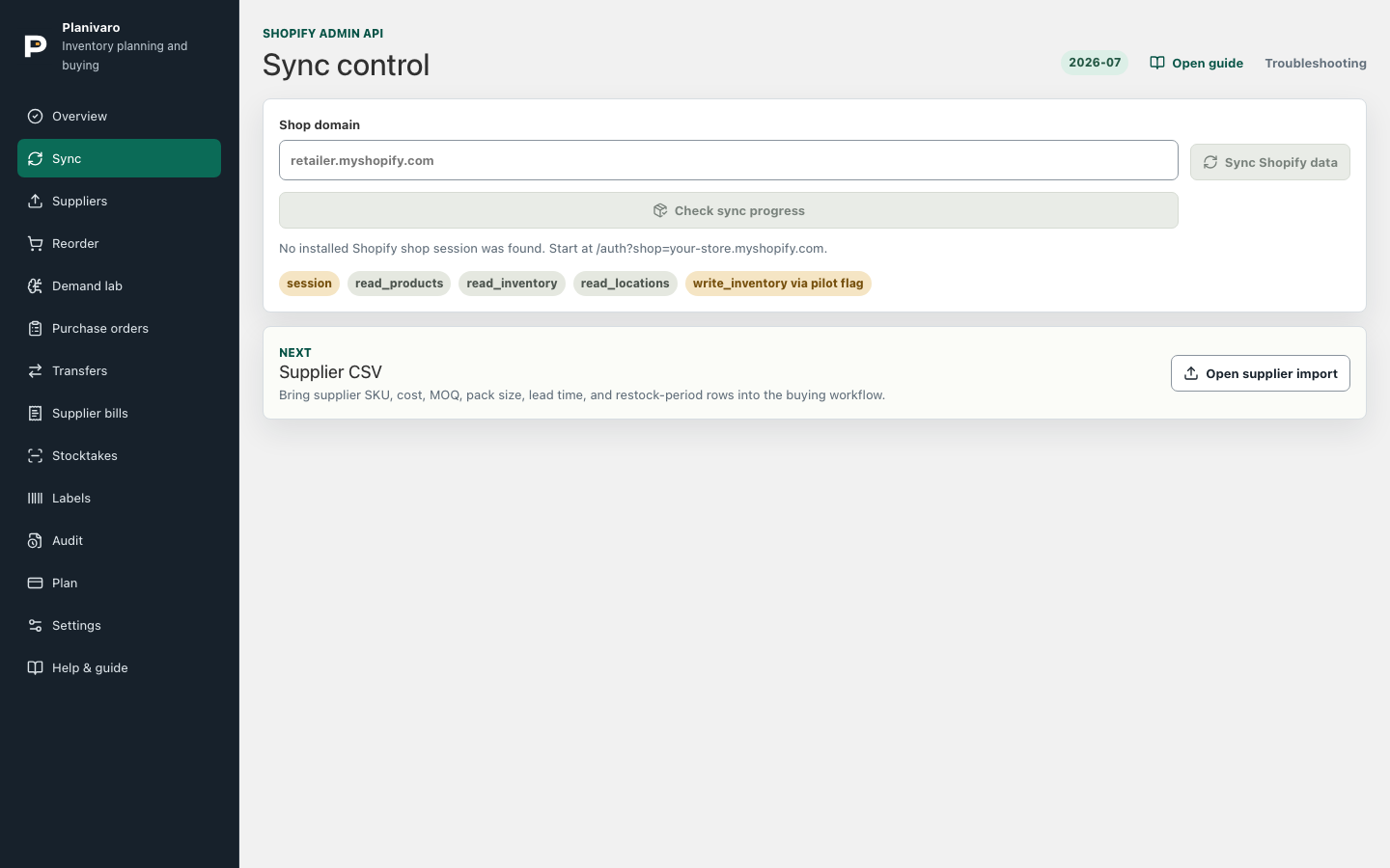 Planivaro Sync control showing Shopify inventory synchronization status