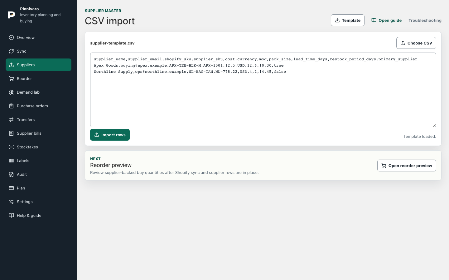 Planivaro Suppliers page with CSV import and supplier mapping controls