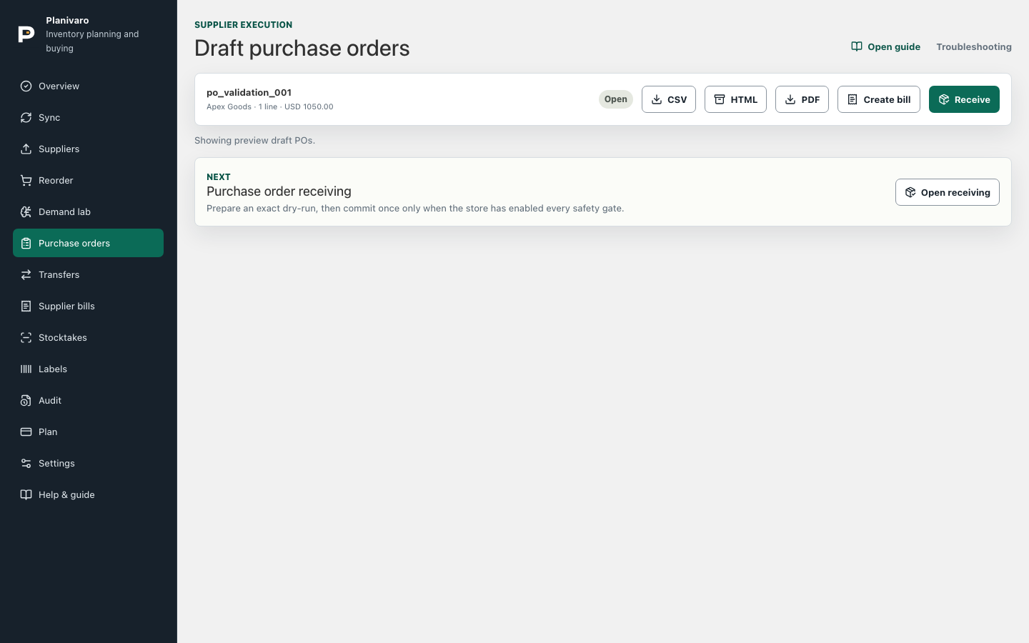 Planivaro Draft purchase orders list
