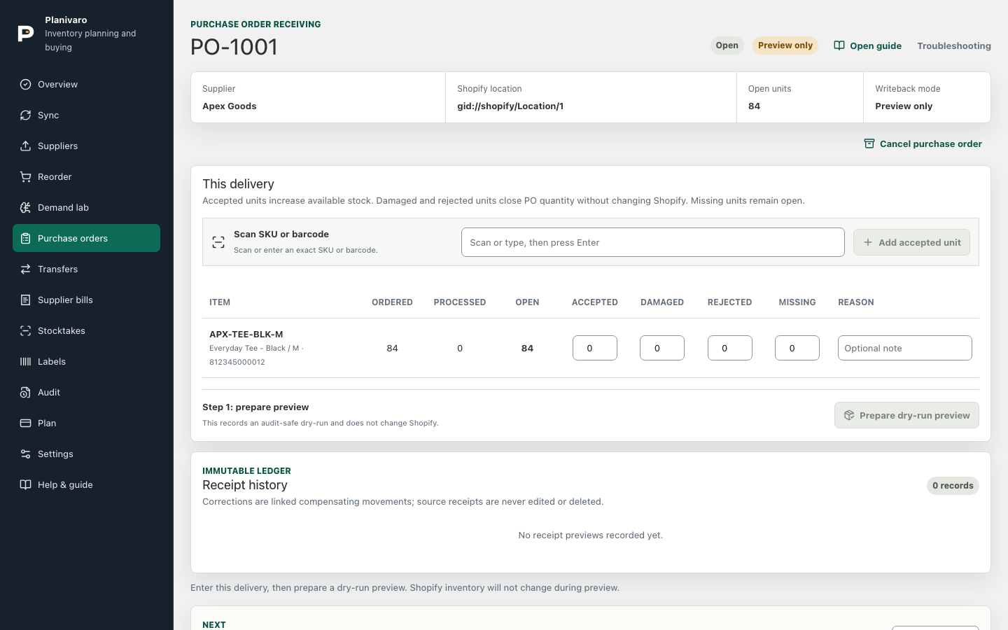 Planivaro purchase order receiving workspace