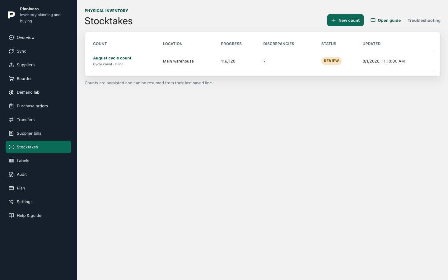 Planivaro Stocktakes and cycle counts workspace